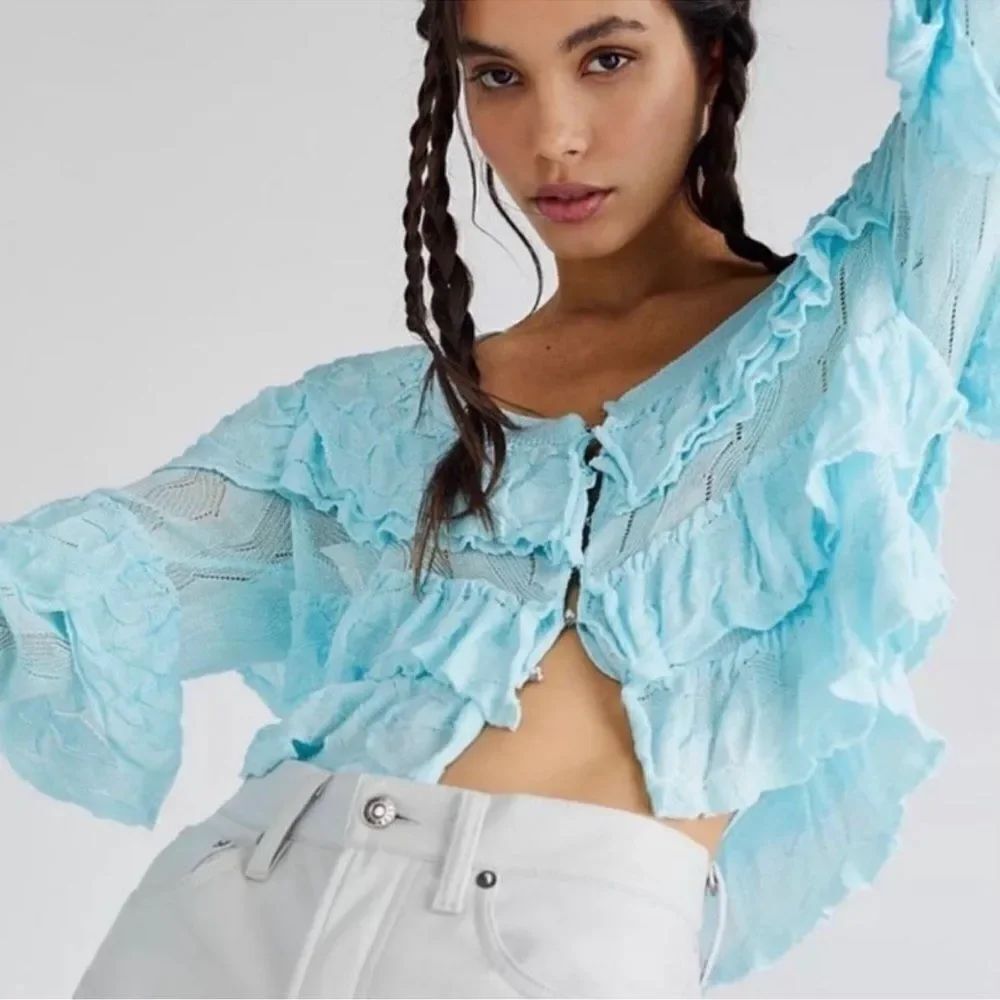 Free People Ruffle Cardi Cropped Cardigan NEW - Picture 2 of 8